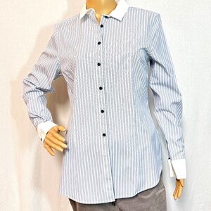 Brooks Brothers Fitted Stretch Cotton Mini Stripe Dress Shirt Sz 10 Blue White